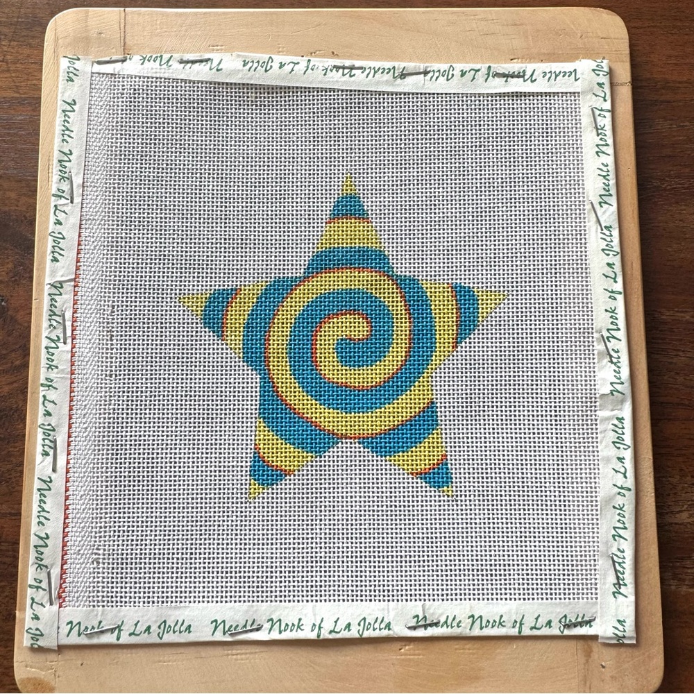 Star Spiral Painted Needlepoint Canvas 18 Count Mesh Stitch New Yellow Blue